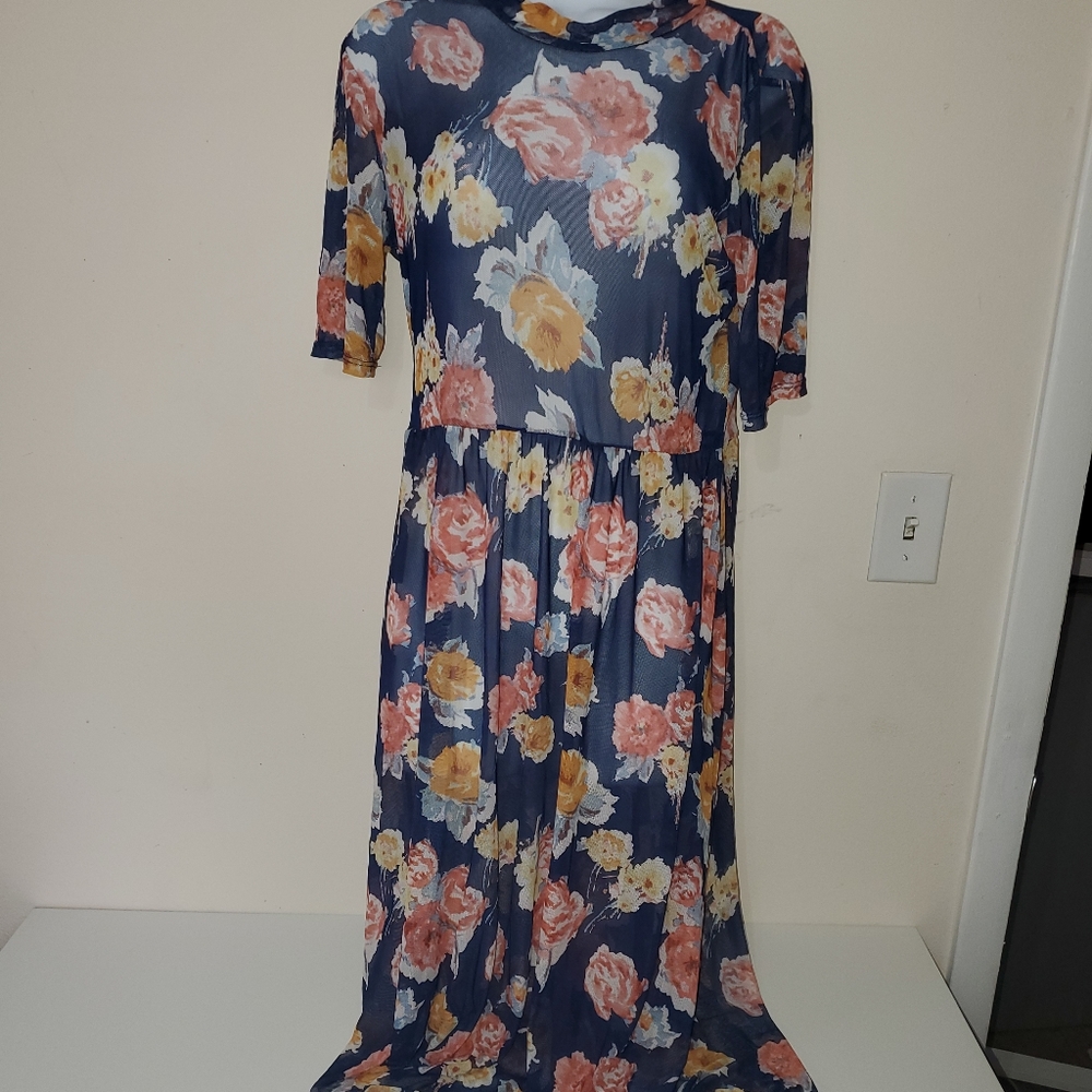 Mock Neck Midi 1/2 Sleeve Blue Floral Dress